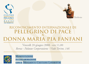 Riconoscimento internazionale di Pellegrino di Pace a Donna Maria Pia Fanfani