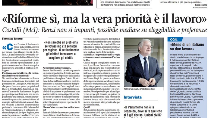 "Riforme sì, ma la vera priorità è il lavoro": su Avvenire intervista al presidente Costalli