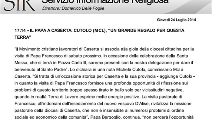 Il Papa a Caserta: Cutolo (Mcl), “Un grande regalo per questa terra”