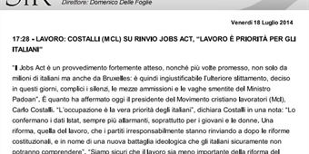 Costalli (Mcl) Su rinvio Jobs Act: “lavoro è priorità per gli italiani”